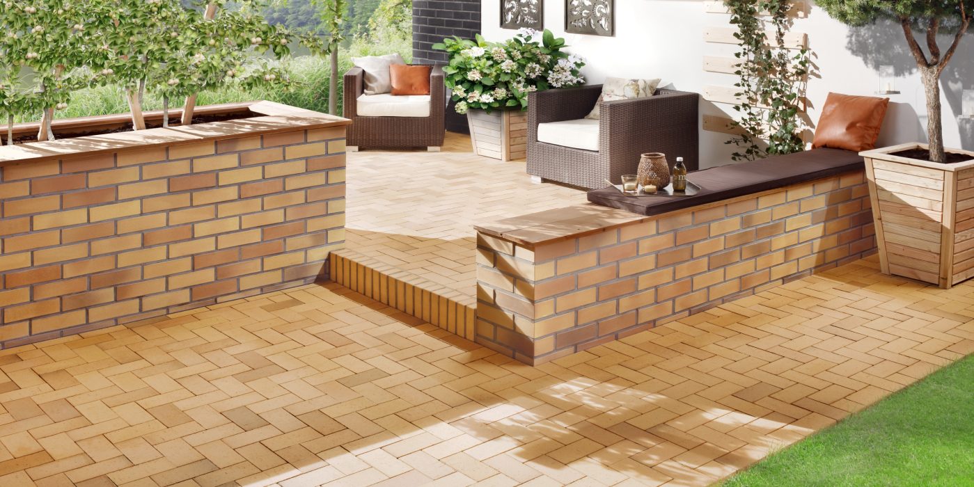 paver, penter, paving stone, terrace, garden, armchair, plant