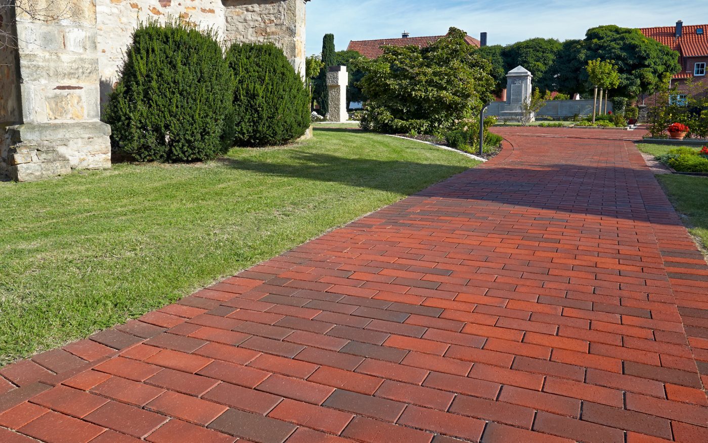 paver, penter, paving stone, church, walkway, garden, plants